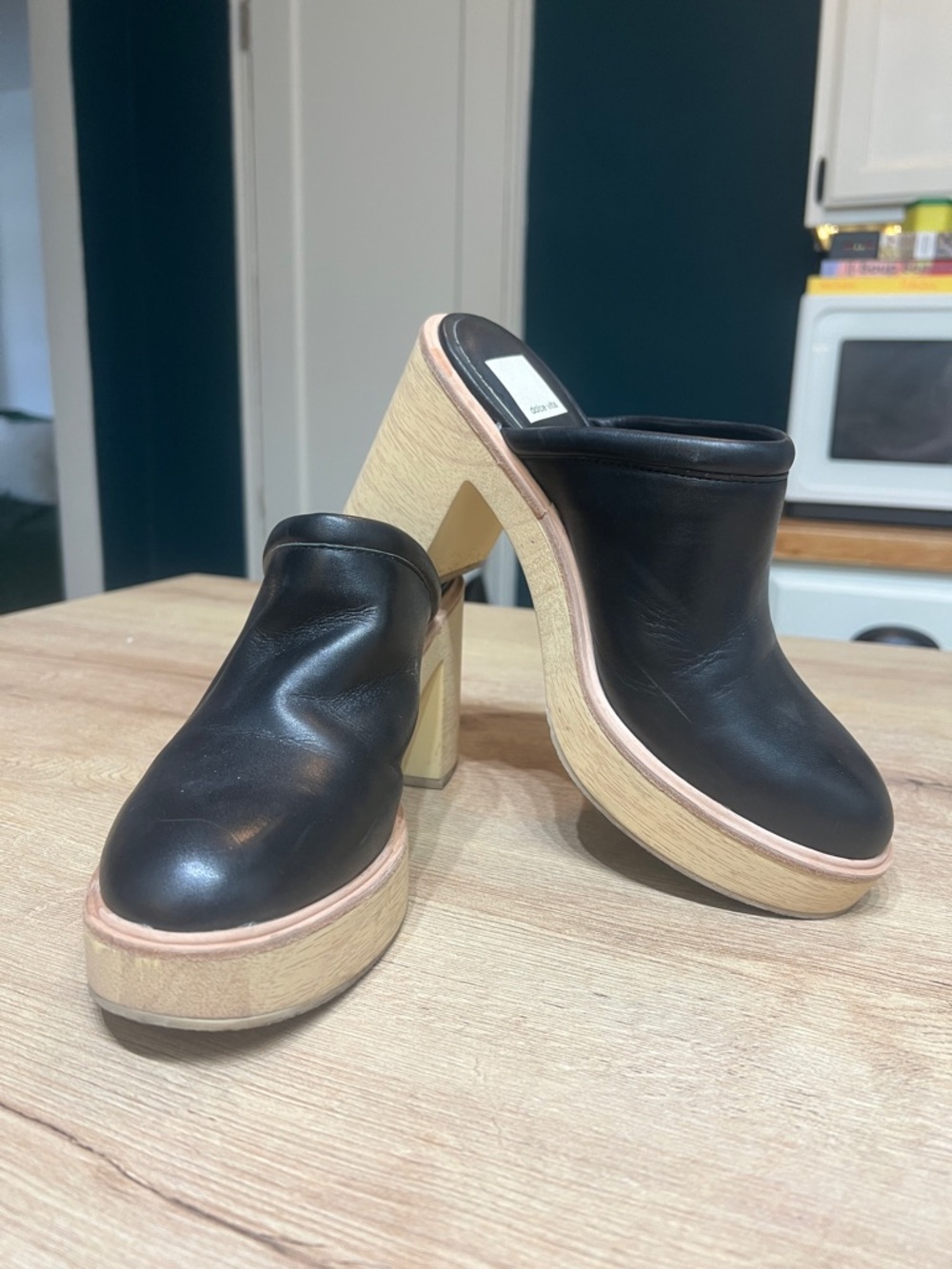Black Leather Platform Mules with Wooden Heel